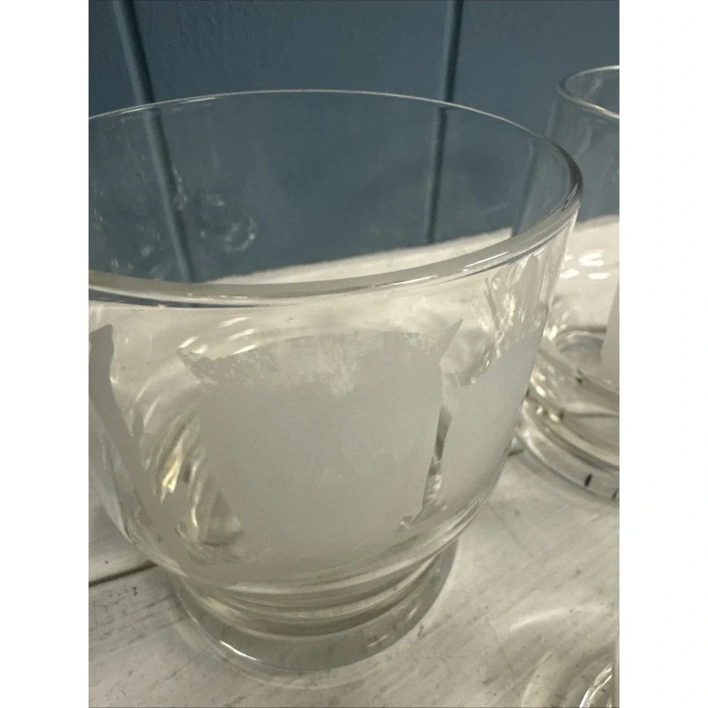 4 Vtg MCM Bonwit Teller Etched‎ Frosted Owls Old Fashioned Tumbler 10 oz Glasses